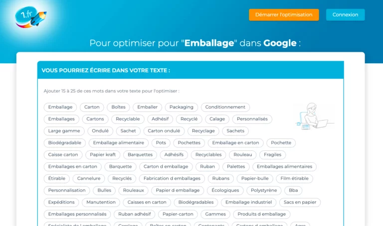 Outil 1.fr qui permet d'optimiser l'écriture pour le seo en donnant tous les mots d'un même champ lexical