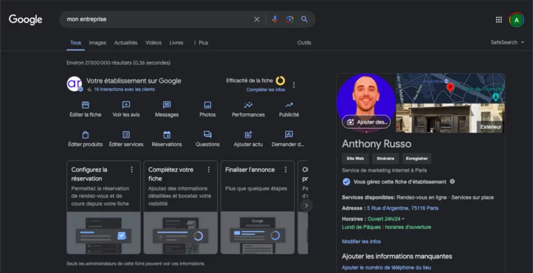 Capture d'écran Google de la recherche : "mon entreprise" pour avoir accès à sa fiche d'établissement Google My Business