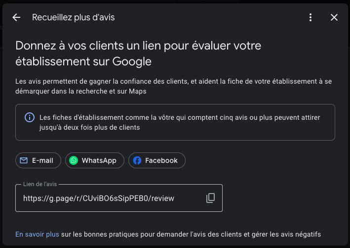 Boîte d'interaction qui permet d'obtenir le lien a partager pour obtenir des avis sur sa fiche d'établissement Google