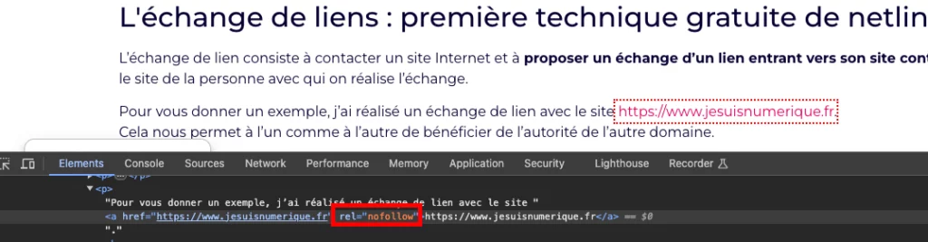 exemple d'une balise nofollow trouvée depuis l'inspecteur de navigation