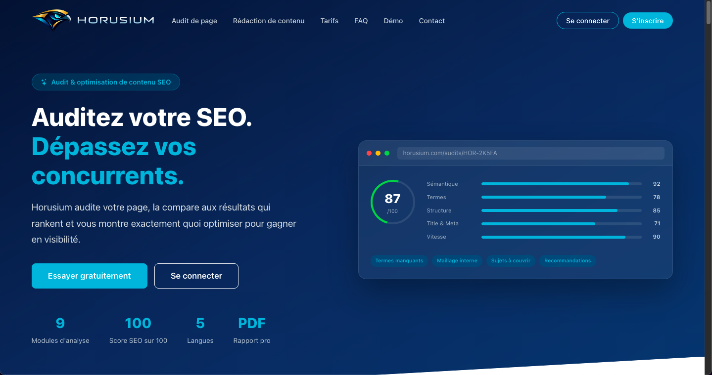Horusium : l’outil d’audit SEO qui compare votre page au top 10 Google (et vous dit quoi faire)